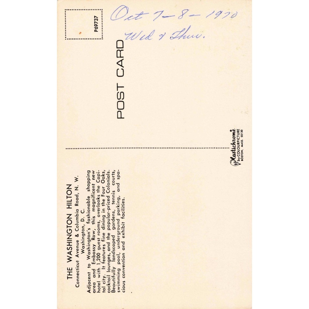 Vintage Washington Hilton Postcard Washington DC Plastichrome P69737 1970 - Picture 2 of 2